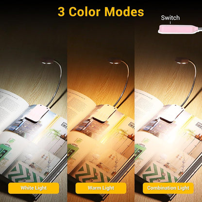 2 Pack Rechargeable Book Lights for Reading at Night, Eye-Caring Clip-On Reading Lights with 3 Color Temperatures & 3 Brightness Levels, Long Runtime Small Lightweight Clip on Lamp, Gifts for Reader