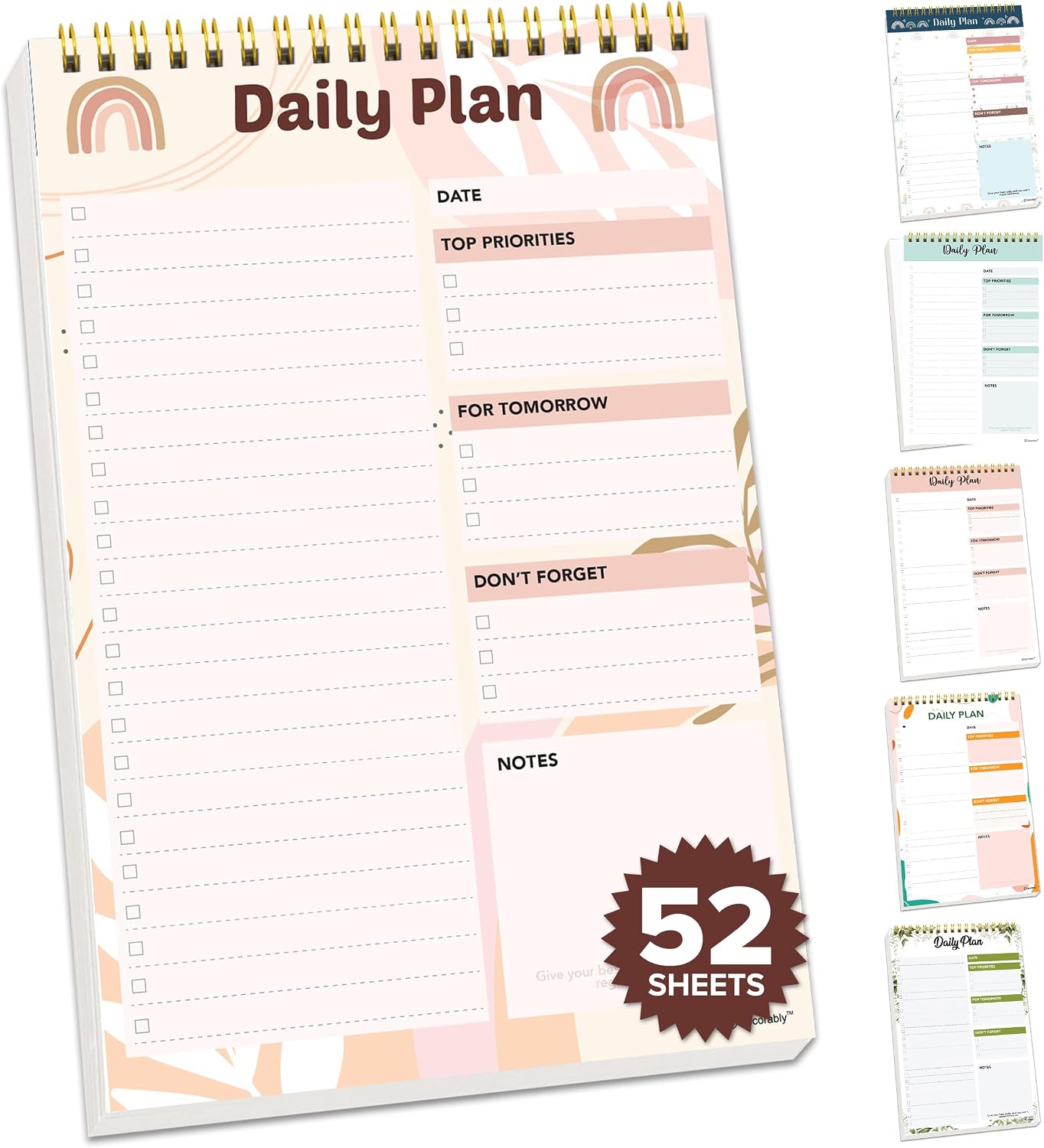 Decorably 52 Sheets Boho Undated Daily to Do List Notepad, 6.5x10in Spring-Bound Planner Pad, Easy Tear-Off Design, with Priorities, Checklist, Agenda, Reminders, Notes - Home, School, Office
