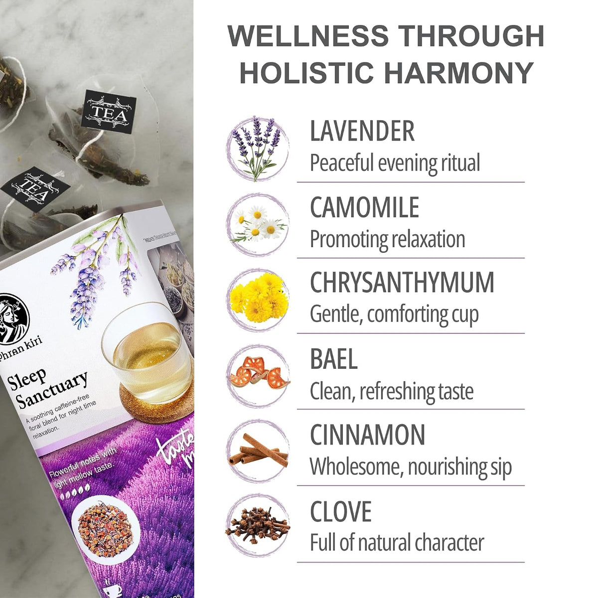 Sleep Sanctuary by Phran kiri - Caffeine-Free Herbal Tea Bags for Night Time Relaxation, Soothing Lavender & Chamomile Herbal Teas for a Cozy Evening Ritual, 18 Count (1.27 oz)