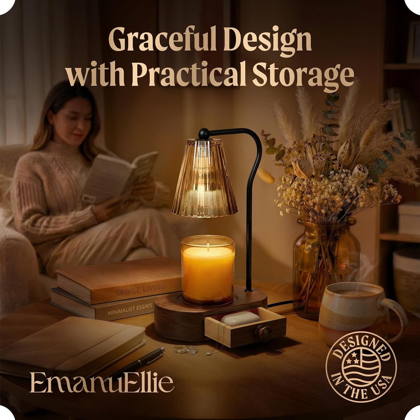 Candle Warmer Lamp with Timer & Dimmer, Natural Wooden Base with Drawer, Gold-Tone Metal Stand, Extra Bulb Included, Candle Warming Lamp, Electric Candle Wax Warmer