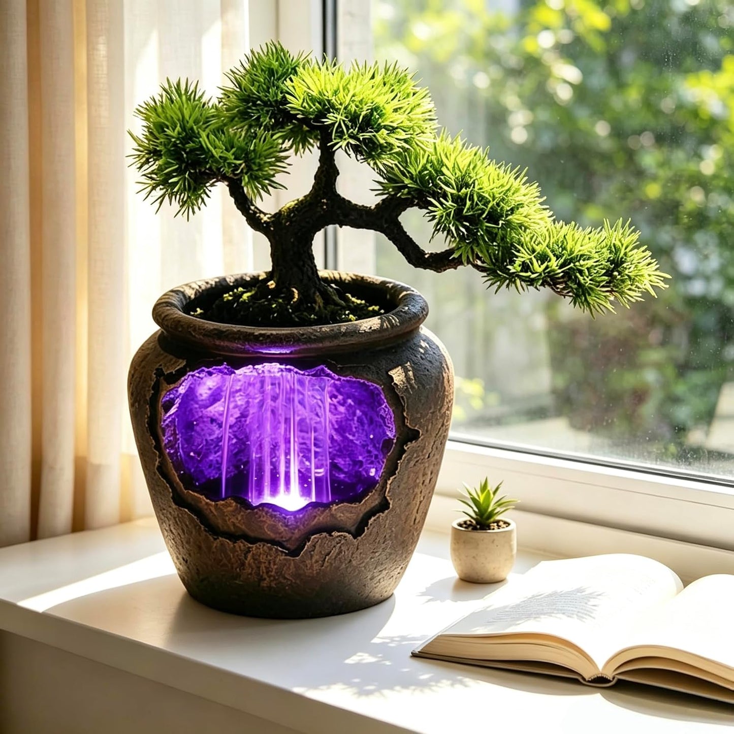 Mini Artificial Bonsai Tree Waterfall Fog Feature Rock Tabletop Fountain | 11in Desktop Decor Waterfall Fountain W/ Water Pump& Atomizer&LED Lights &Fake Tree Office Bedroom Relax