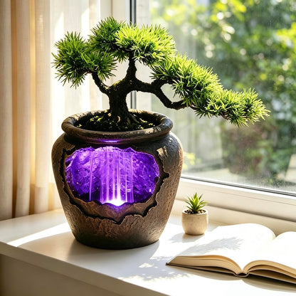 Mini Artificial Bonsai Tree Waterfall Fog Feature Rock Tabletop Fountain | 11in Desktop Decor Waterfall Fountain W/ Water Pump& Atomizer&LED Lights &Fake Tree Office Bedroom Relax