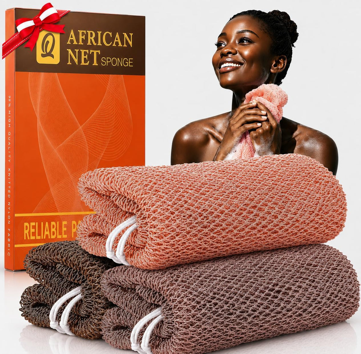 UJFQBH 3 Pack African Net Sponge, African Exfoliating Net Bath Sponge Long Net Bath Sponge Exfoliating Shower Body Scrubber Back Scrubber Skin Smoother,Great for Daily Use (Pink,Yellow,Purple) - Colors B