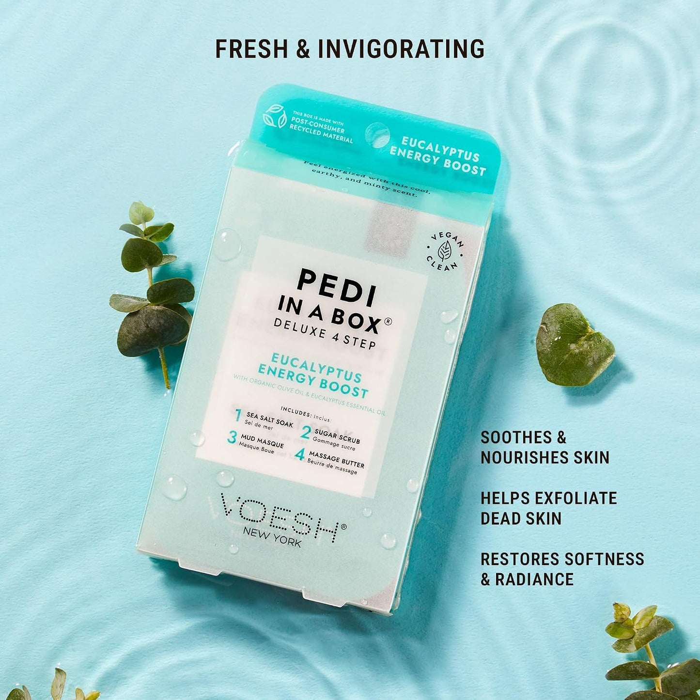 VOESH Pedi in a Box 4 Step Fresh Trio - 3 Pack of Ocean Refresh, Eucalyptus Energy Boost, & Cucumber Fresh Pedicure Set, DIY Pedi, Foot Spa