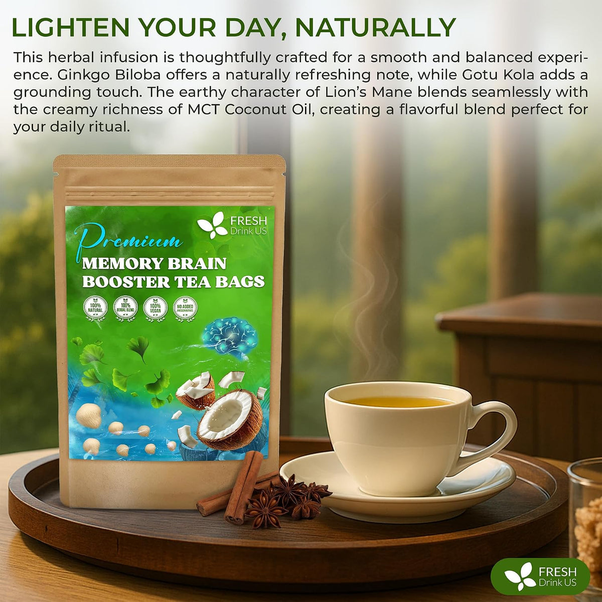 FreshDrinkUS, Memory Brain Booster Tea Bags | 75 Count | Ginkgo Biloba, Gotu Kola, Lion’s Mane Mushroom, MCT Coconut Oil | Herbal Blend | Naturally Flavorful, No Additives, Caffeine-Free