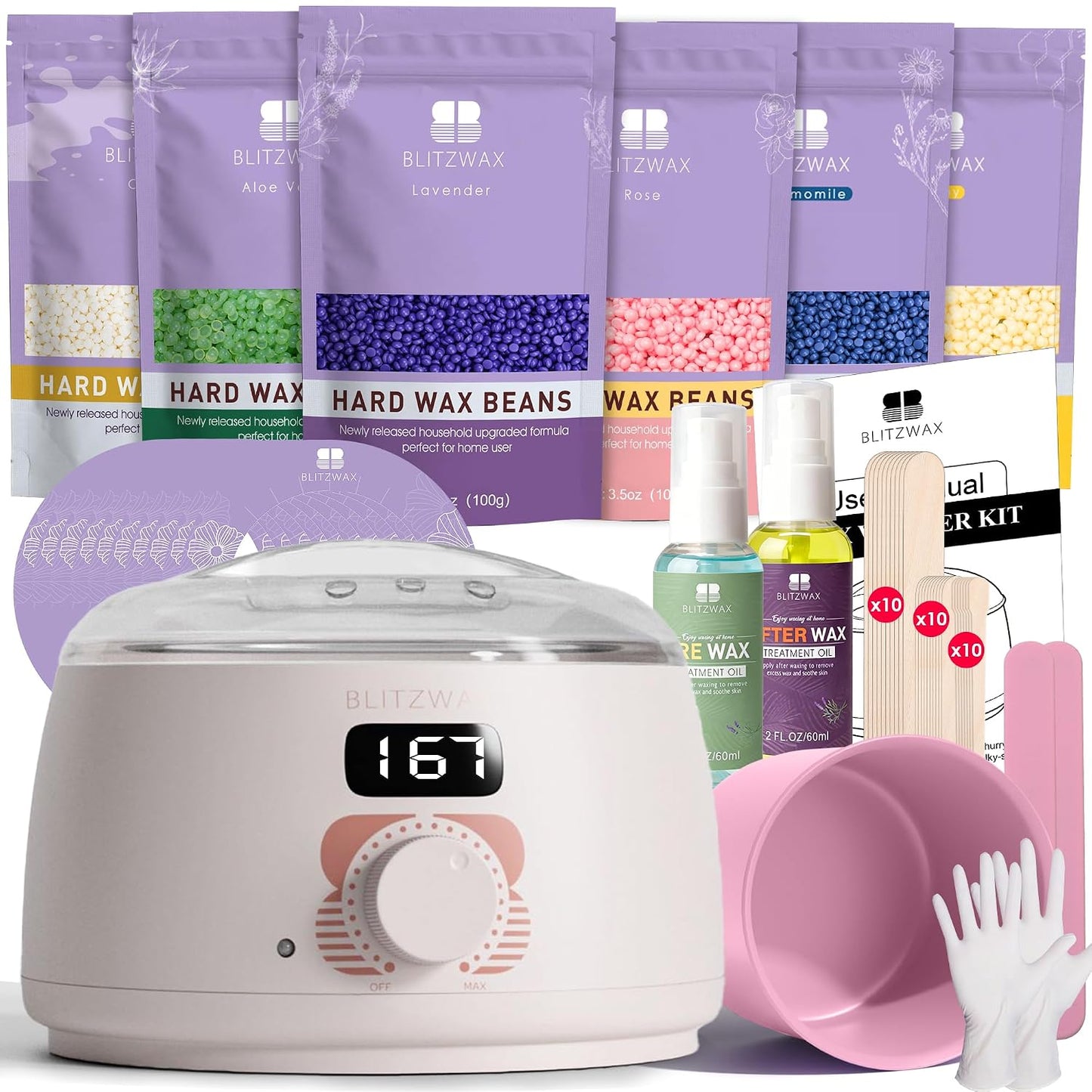 BLITZWAX Brazilian and Bikini Waxing Kit for Women, Hard Wax Warmer for Face, Legs and Body, At Home Hair Removal Kit, Beginner Friendly, Digital Fast Heating, 51 Wax Items