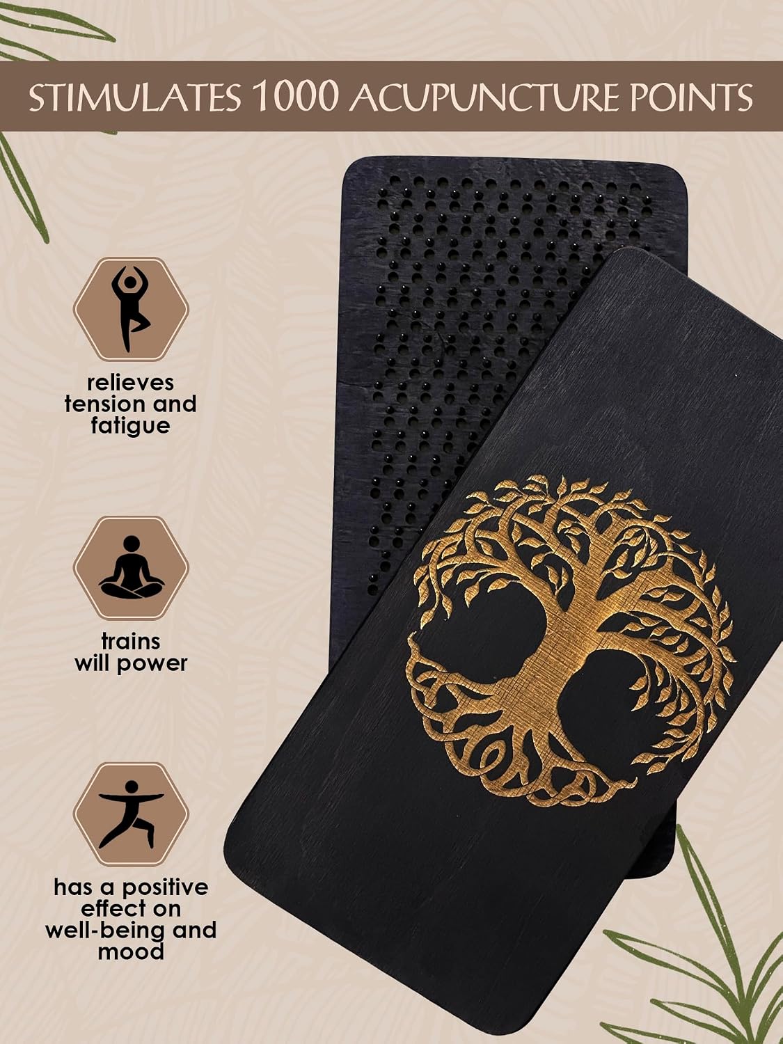 Sadhu board, Wooden Yoga Board for Acupressure and Meditation with Nails for Deep Tissue Massage, Acupuncture Massage, Nails Distance 0.39 In (10 mm)