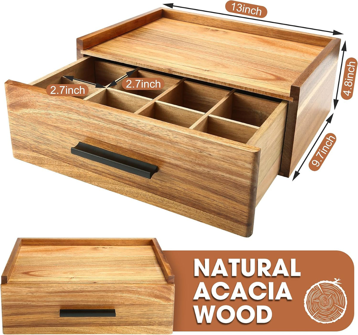 Acacia Wood Tea Bag Organizer with Drawer - 12-Compartment Tea Storage Box