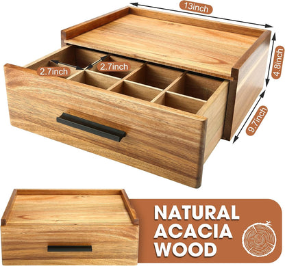 Acacia Wood Tea Bag Organizer with Drawer - 12-Compartment Tea Storage Box