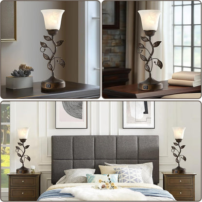 Touch Control Table Lamp with 2 USB Charging Ports, 3-Way Dimmable Bedside Nightstand Lamps, Amber Glass Shade Vintage Rural Leaf Lamp for Living Room, Bedroom, Dresser, LED Bulb Included (Bronze)
