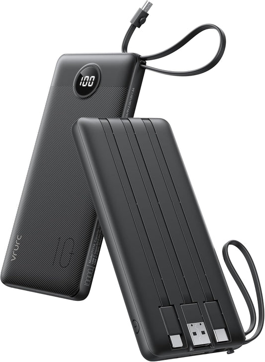 VRURC Portable Charger, Slim Power Bank Built-in 4 Cables, Travel Essential