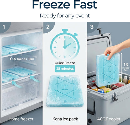 Kona XXL Ice Packs for Coolers – 2 lb Reusable Slim Freezer Packs, Long-Lasting Dry Ice Alternative for Cooler Bags, 13×10 Inch, Fast Freeze (-5 °C), Available in Multiple Pack Quantities