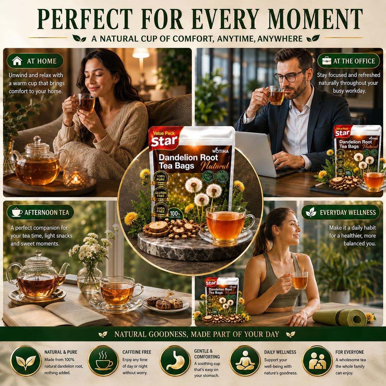 WOTIHA 60 Count Premium Dandelion Root Tea Bags - 100% Natural Roasted, Supports Liver & Kidney Health, Digestion & Immunity, Caffeine-Free, Additive-Free, Gluten-Free, Vegan.