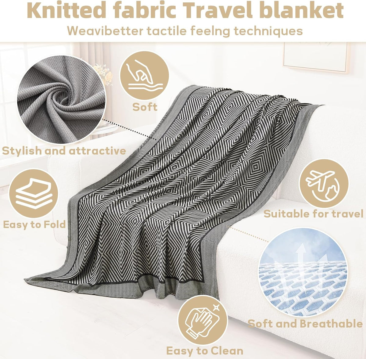 Travel Blanket Airplane - Ultra Soft & Lightweight Knit Design