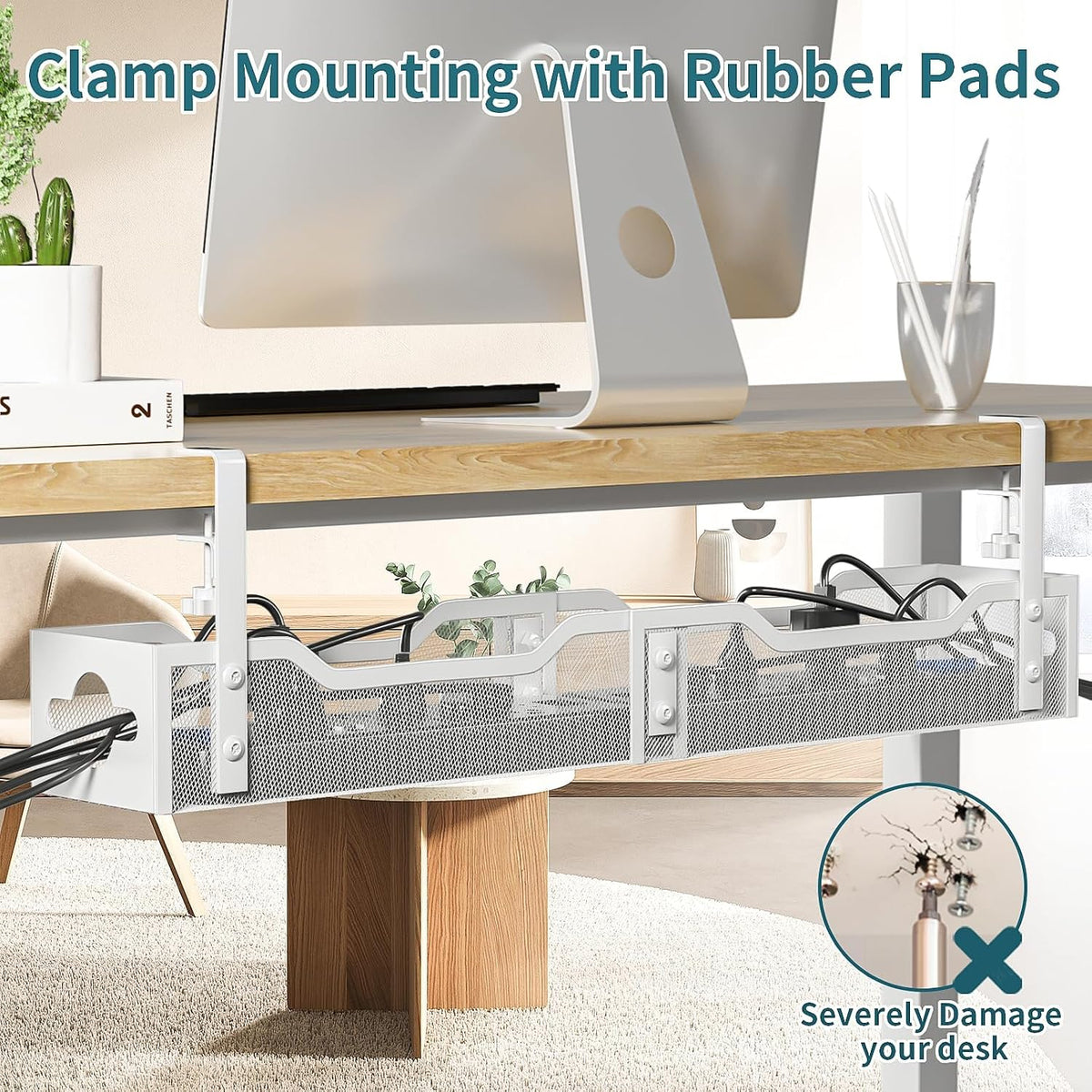 Under Desk Cable Management Tray No Drill, Metal Mesh Cable Management Under Desk with Clamp Mount, 2 Hole Cable Tray with Wire Management and Cord Organizer for Home Office Standing Desk