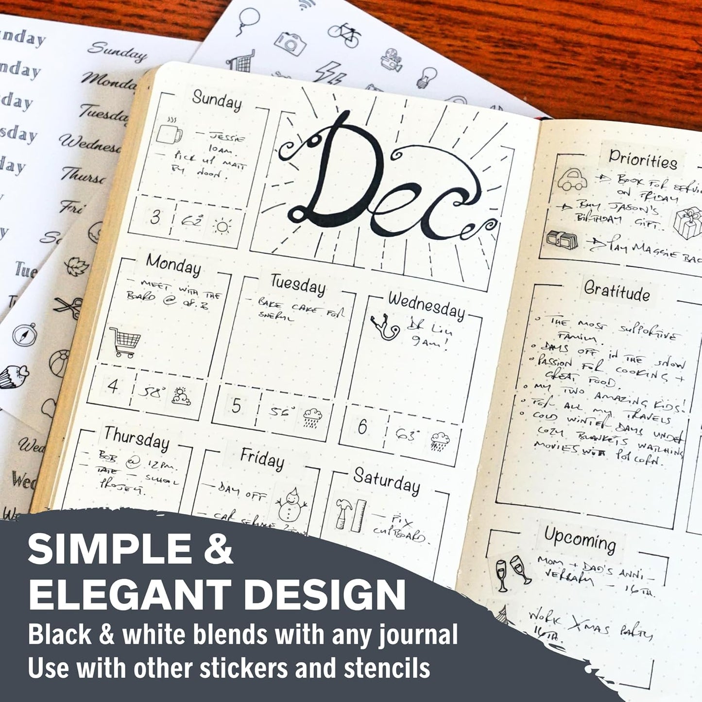 Simple Productivity Weekly Planner Stickers (Black & White) - 30 Sheets of Writable and Transparent Stickers - Mini Calendars, Habit Tracker, Days, Numbers - Supplies for Bullet Dotted Journals