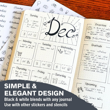 Simple Productivity Weekly Planner Stickers (Black & White) - 30 Sheets of Writable and Transparent Stickers - Mini Calendars, Habit Tracker, Days, Numbers - Supplies for Bullet Dotted Journals