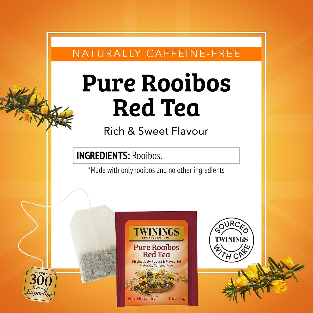 Twinings Pure Rooibos Red Herbal Tea Individually Wrapped Bags, 20 Count (Pack of 6), Sweet with Uplifting Aroma, Naturally Caffeine-Free, Enjoy Hot or Iced, 120 Teabags