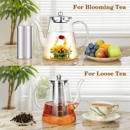 Glass Teapot, 1200ml (40oz) Tea Pot with Infuser for Loose Tea and Blooming Tea, Stovetop Safe Tea Kettle, Hand Crafted Borosilicate Glass Tea Maker with Scale Line, Tea Gift Set for Tea Lovers