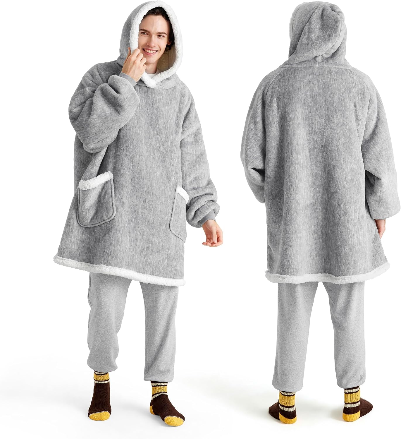 Bedsure Blanket Hoodie, Wearable Blanket Hoodie as Gifts for Mom, Birthday Gifts for Women Kids Teens Mother's Day Sherpa Sweatshirt, Grey, Standard