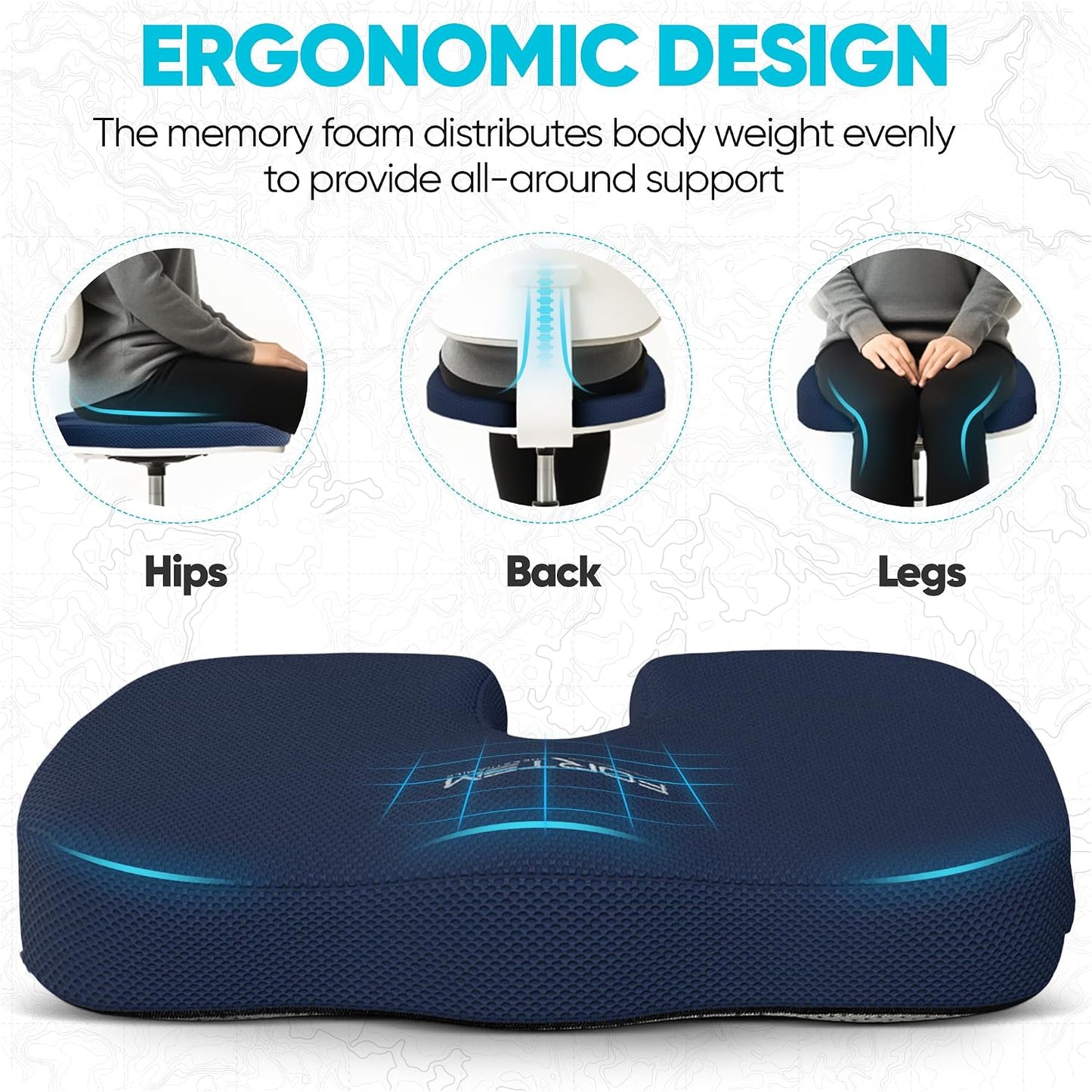 FORTEM Seat Cushion, Office Chair Cushion, Memory Foam Car Seat Cushions, Sciatica Coccyx Tailbone Pain Relief, Chair Cushions for Back Support, Sitting Pad for Gaming, Washable Cover, Non Slip