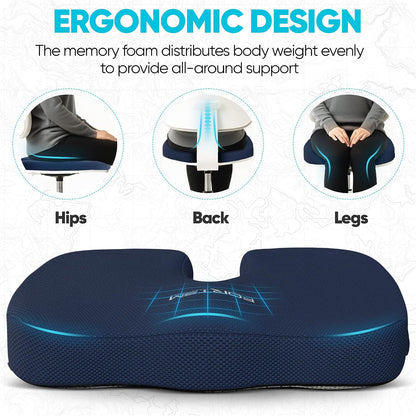 FORTEM Seat Cushion, Office Chair Cushion, Memory Foam Car Seat Cushions, Sciatica Coccyx Tailbone Pain Relief, Chair Cushions for Back Support, Sitting Pad for Gaming, Washable Cover, Non Slip