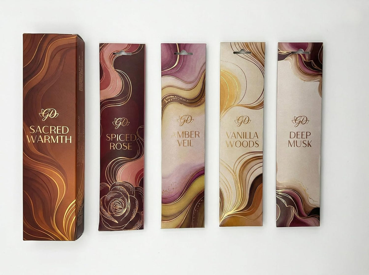 Incense Sticks Variety Pack with Wooden Holder | Nag Champa, Rose, Lavender, White Sage, Frankincense, Palo Santo & Sandalwood | Hand-Rolled Masala Incense