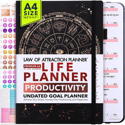 Life Planner - Undated Weekly & Monthly Planner, 12-Month Journey to Increase Productivity | Gratitude Journal, Life Organizer & Goal Journal | Include Foldable Vision Board, Habit Tracker & Stickers