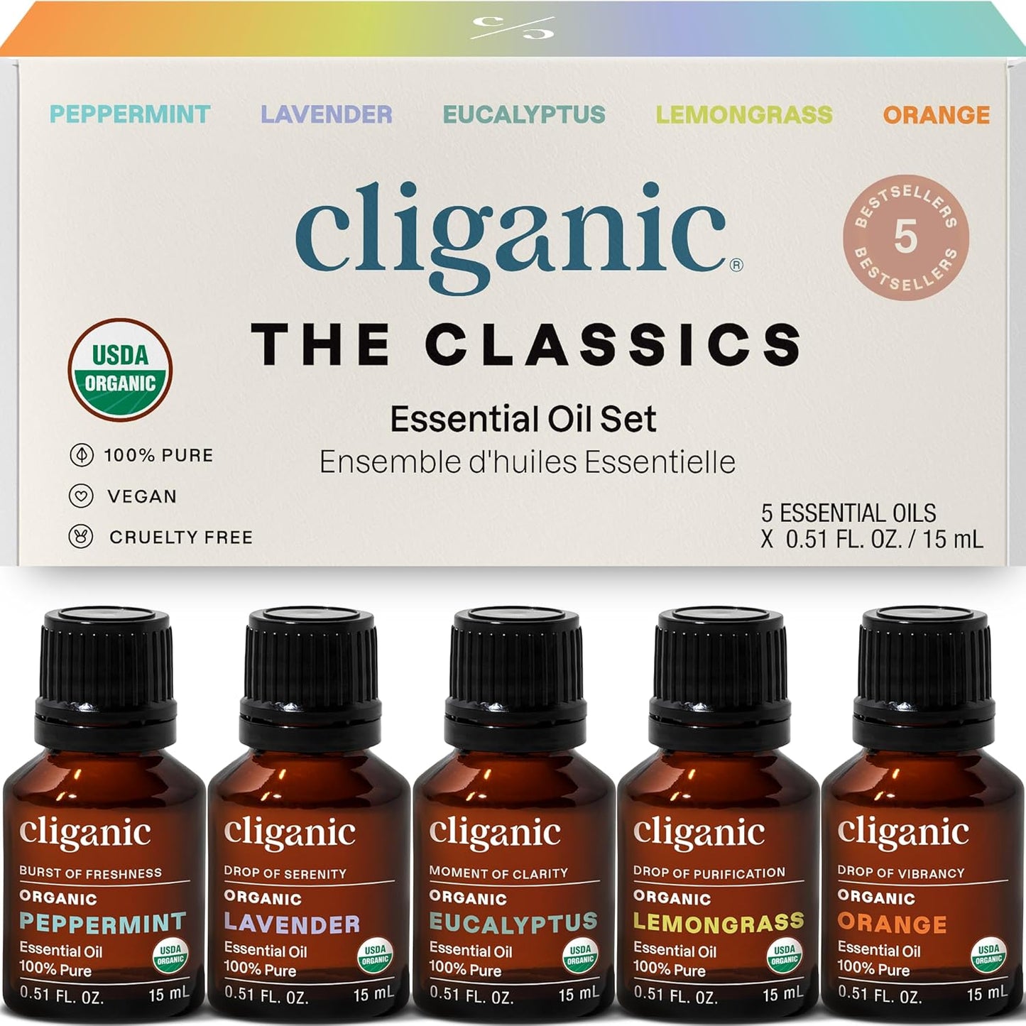 Cliganic Organic Essential Oils Set (Top 5 - The Classics) - 100% Pure Natural - Aromatherapy, Candle Making - Peppermint, Lavender, Eucalyptus, Lemongrass & Orange