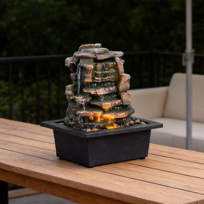 GOSSI Meditation Waterfall Fountain with LED Lights, Indoor Tabletop Water Fountain Decorated with Natural River Rocks, Office & Home Relaxation Decor, Christmas Decoration