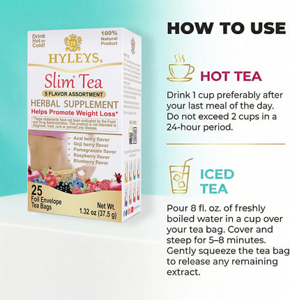 HYLEYS Slim Tea, 5 Flavor Weight Loss Variety Pack, Senna Tea, 25 Bags