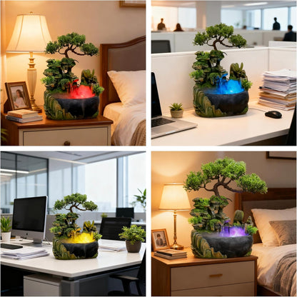 Mini Artificial Bonsai Tree Waterfall Fog Feature Rock Tabletop Fountain | 11in Desktop Decor Waterfall Fountain W/ Water Pump& Atomizer&LED Lights &Fake Tree Office Bedroom Relax