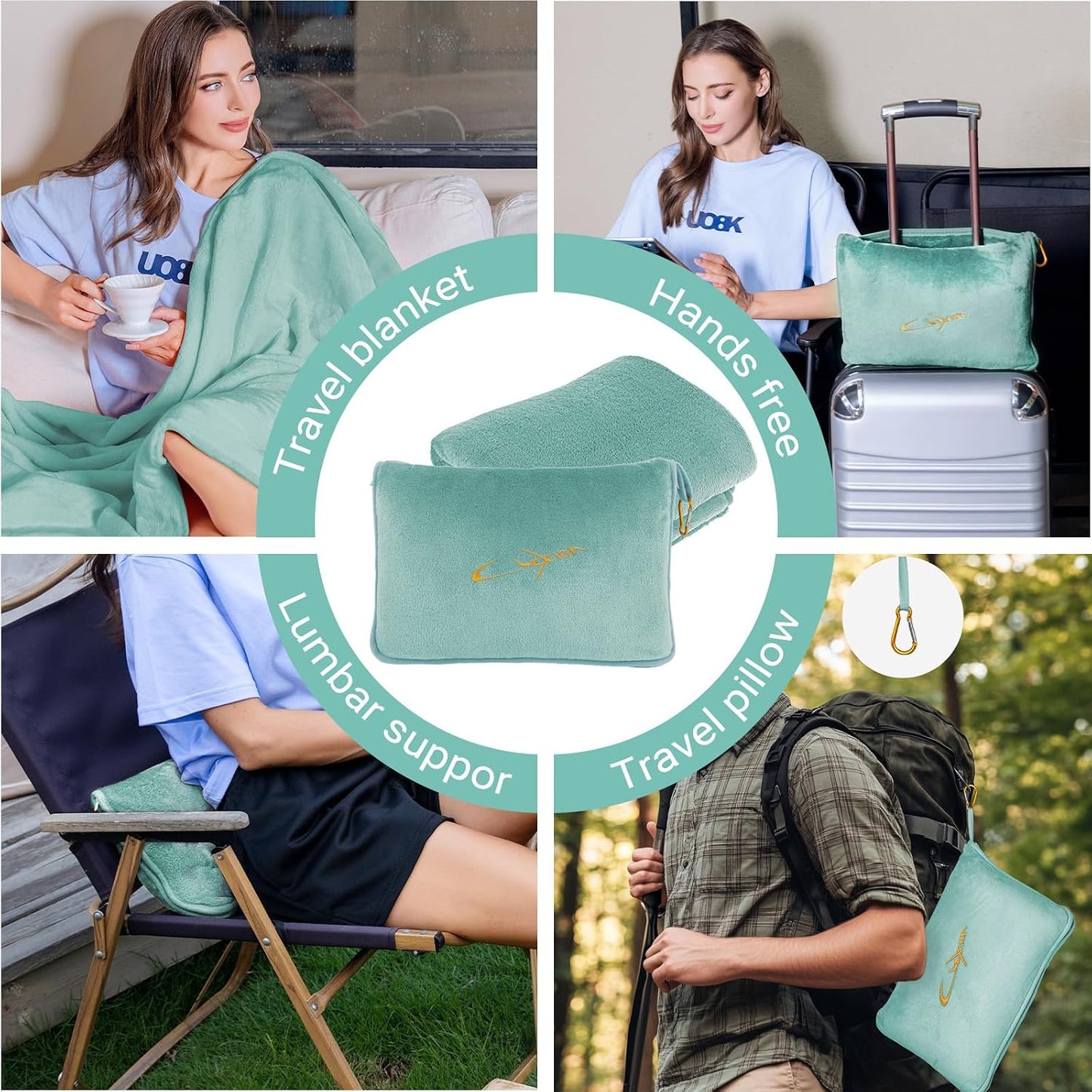 Compact Travel Blanket for Airplane, Premium Soft 2-in-1 Blanket with Pillowcase and Carry Bag, Lightweight Travel Essentials with Luggage Sleeve and Backpack Clip, Mint Green