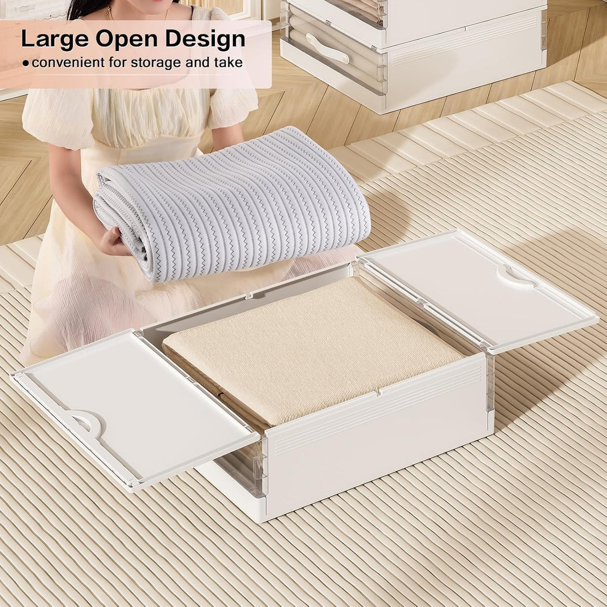 GUDEMAY Bed Sheet Organizers and Storage Plastic, 4 pcs Foldable Closet Organizer with Handle, Bedding Storage Box Container for Blanket, Duvet Cover Set, Bed Sheet Set, White