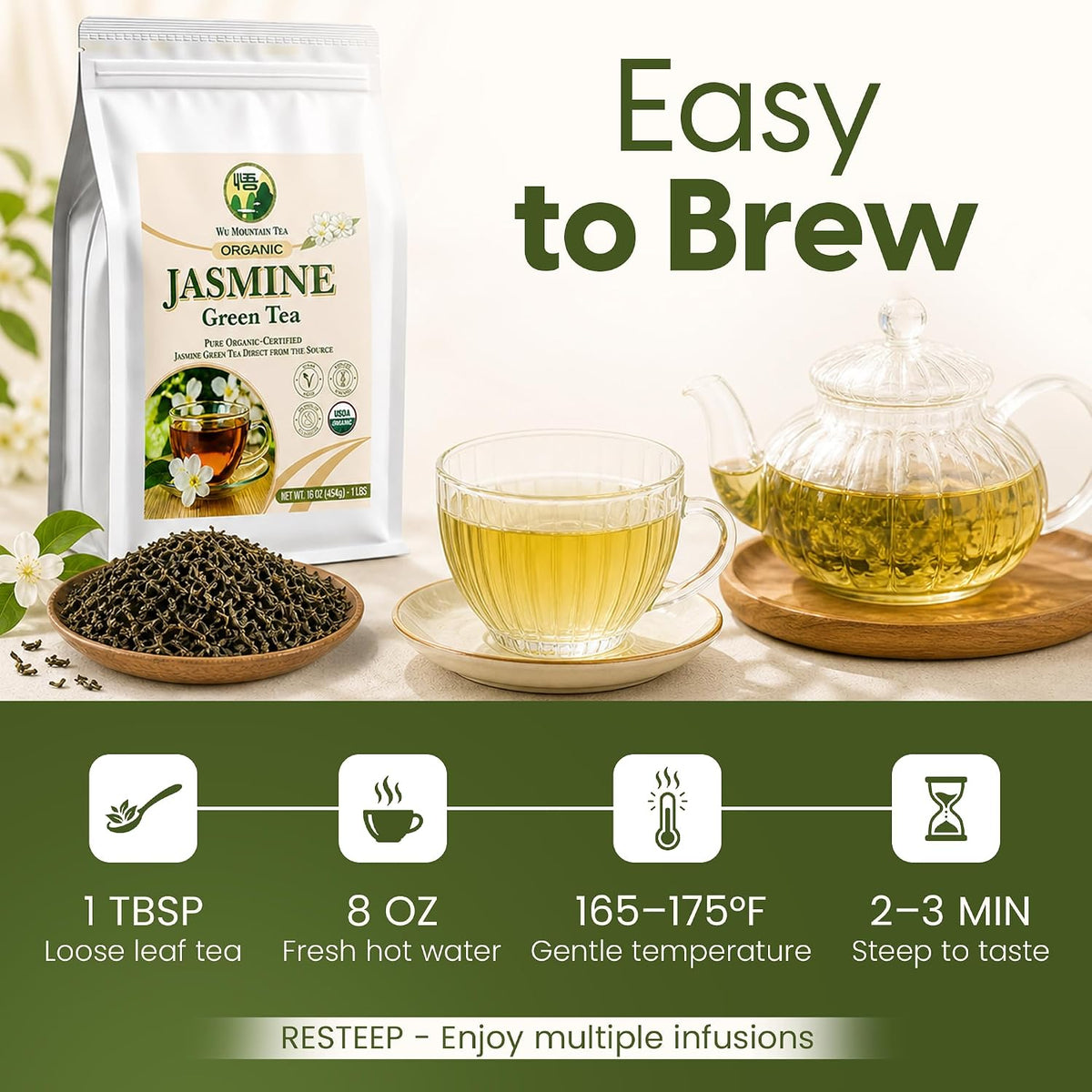 Wu Mountain Tea Organic Jasmine Green Tea – 1 lb Loose Leaf – USDA Organic Chinese Green Tea Scented with Jasmine Blossoms – Smooth Floral Aroma, Clean Finish, No Additives – Hot or Iced Tea