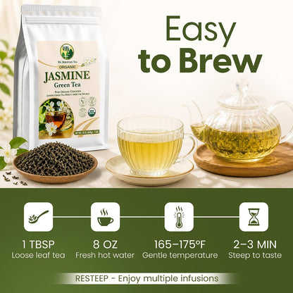 Wu Mountain Tea Organic Jasmine Green Tea – 1 lb Loose Leaf – USDA Organic Chinese Green Tea Scented with Jasmine Blossoms – Smooth Floral Aroma, Clean Finish, No Additives – Hot or Iced Tea
