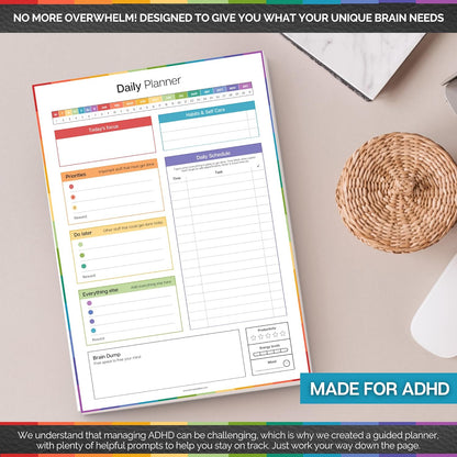 ADHD Daily Planner Notepad for Neurodivergent Adults - Productivity Daily Planner Desk Pad & Task Management to Stay Organized and Focused Note Pad (Rainbow, A4 Portrait)