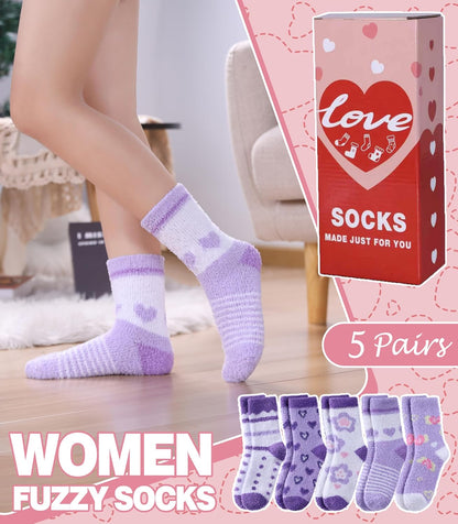 LANLEO Fuzzy Socks for Women Fluffy Slipper Winter Warm Soft Cozy Microfiber Plush Sleeping Heart Socks