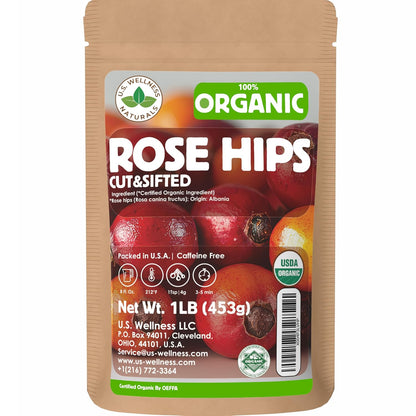Rose Hips Tea - 1 LB (16 oz) | Real Wild Harvest | 100% USDA Certified Organic | Cut and Sifted Albanian Rose Hips Shells | Aroma-Rich Seedless Rosehip (rosa canina fructus) | By U.S. Wellness Naturals