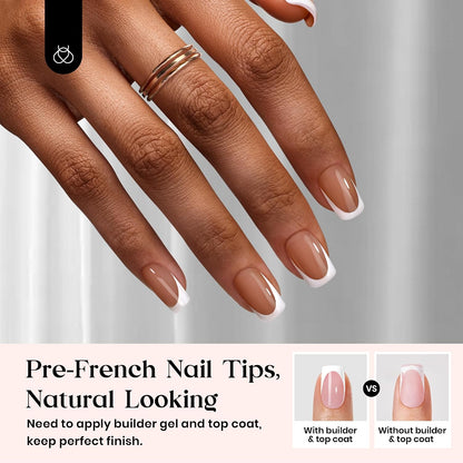 Beetles Press On Nail Kit-Short Square French Tip Press On Nails, 150Pcs Pink French Nail Tips with Nail Glue & Remover Builder Top Coat Nail Lamp, All-in-One DIY Fake Nails Gift for Women