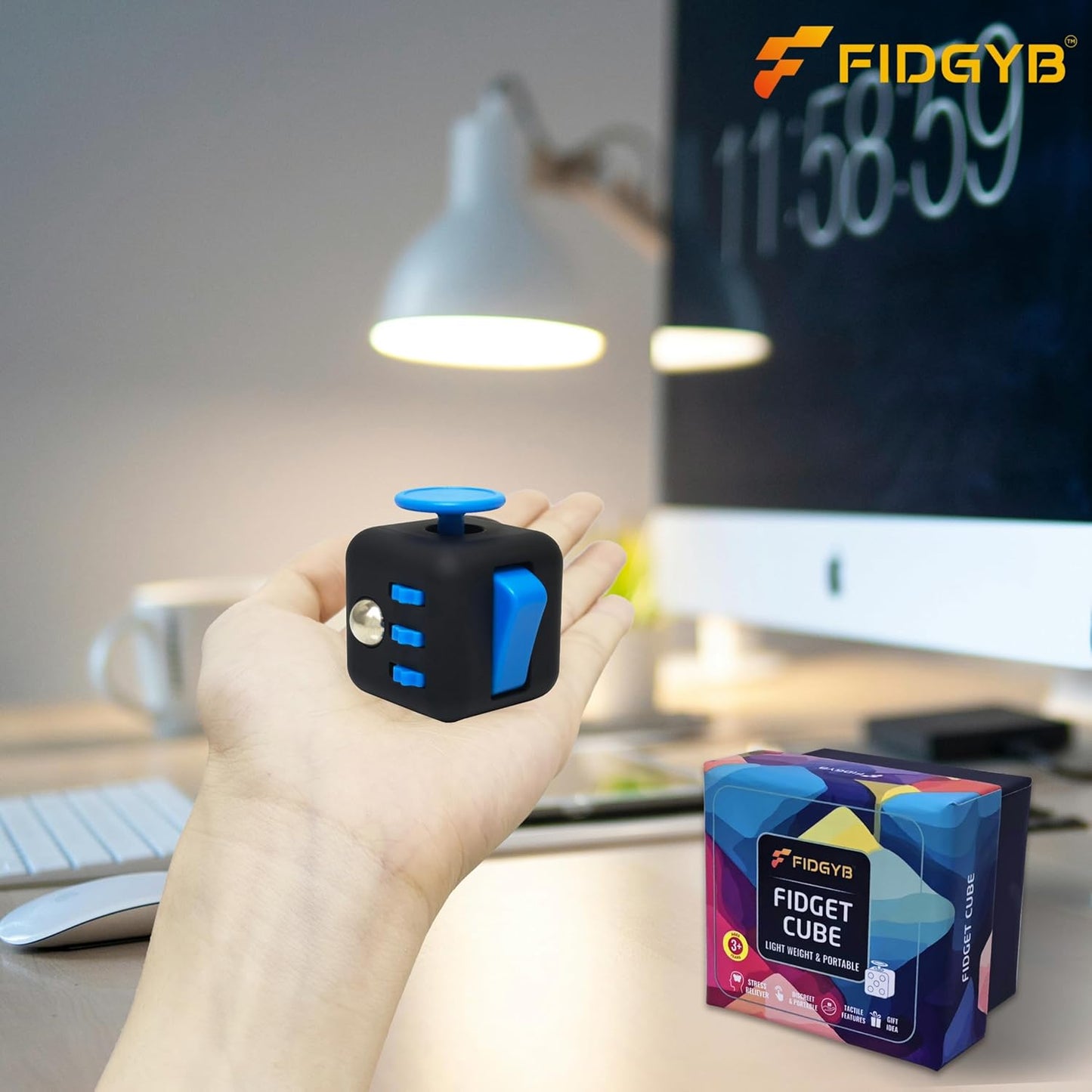 Cube Fidget Stress Relief Toy for Adults & Kids, Smooth, Quiet Sensory Toy for Anxiety, Focus & ADHD Idea[Blk_Blue]