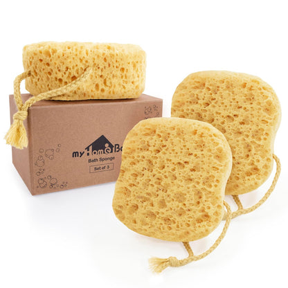 myHomeBody Bath Sponge, Foam Loofah, Body Scrubber for Bathing, Exfoliating Shower Pouf for Shower – Large Size, Lots of Lather, Curvy, 3 Pack