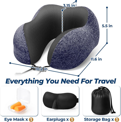 ExploreBliss Travel Pillow, Travel Pillows for Sleeping Airplane, Neck Pillow Airplane, Memory Foam Neck Pillow Set with Eye Mask, Earplugs and Storage Bag -Grey