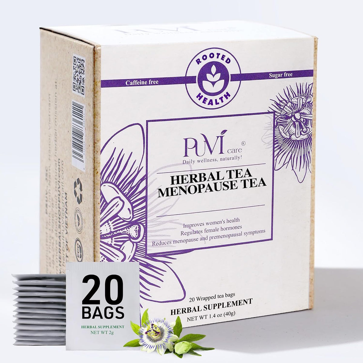 Puvi Care Menopause Tea, Dong Quai Tea for Hot Flash Relief, Herbal Tea bags Hormone BalancePassion Flower Tea Motherwort tea | Non-GMO, Sugar-Free, Gluten Free | Hot flash relief for women | 20 Bags