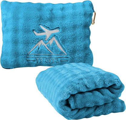 Travel Blanket and Pillow-2-in-1, Ultra-Soft&Compact, One-Piece Airplane Blanket with Hand Luggage Belt and Backpack Clip,Travelers Accessories Gifts, 61x43 Inches (Blue)