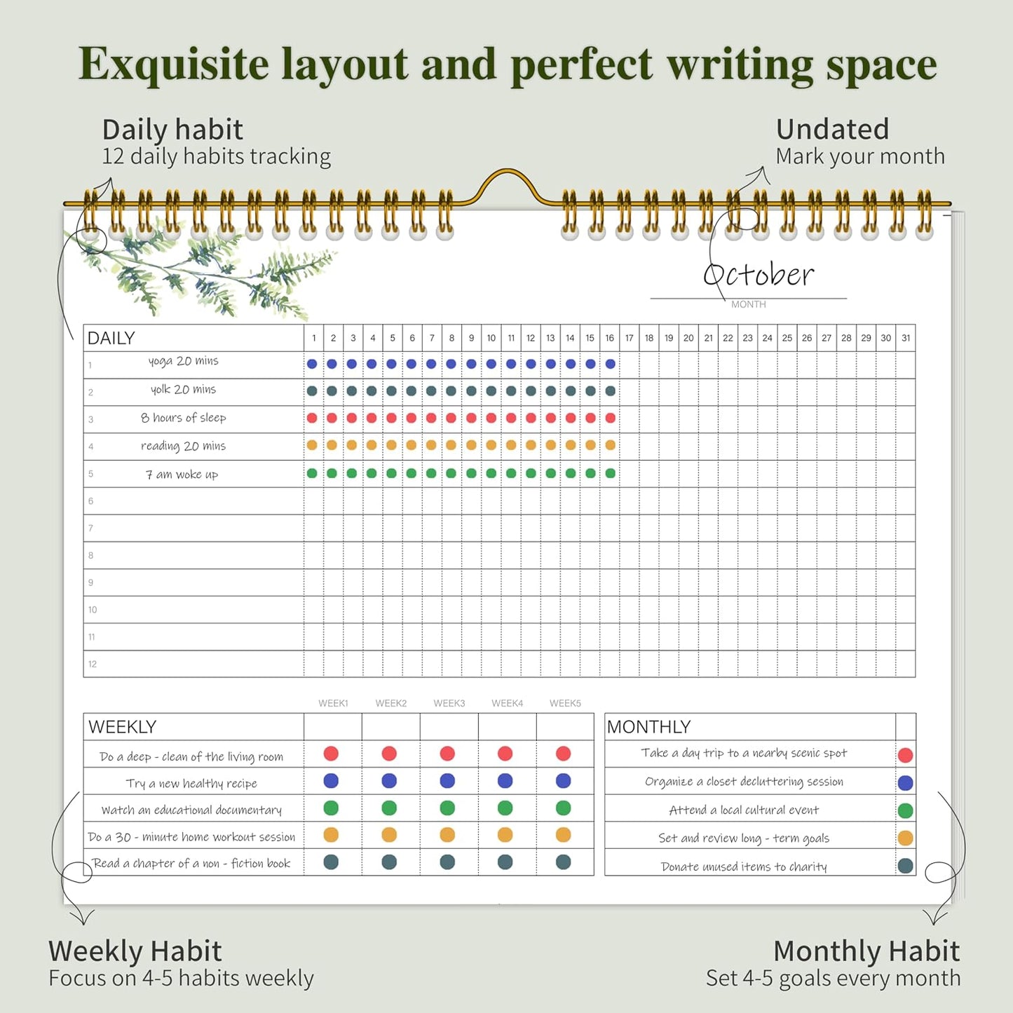 Habit Tracker Calendar Undated for Daily, Weekly & Monthly, 8" x 10" (Pink)