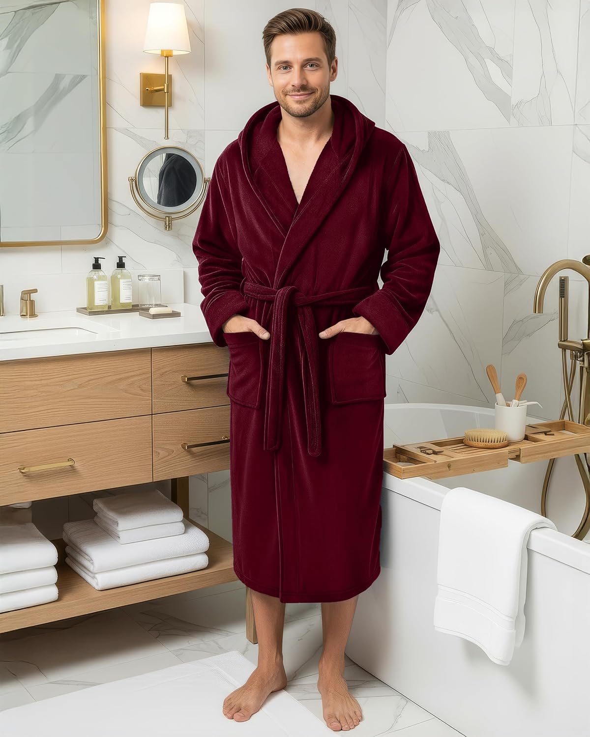 NY Threads Mens Robe with Hood, Luxury Plush Fleece Hooded Mens Bathrobe, Spa Bath Robe for Men