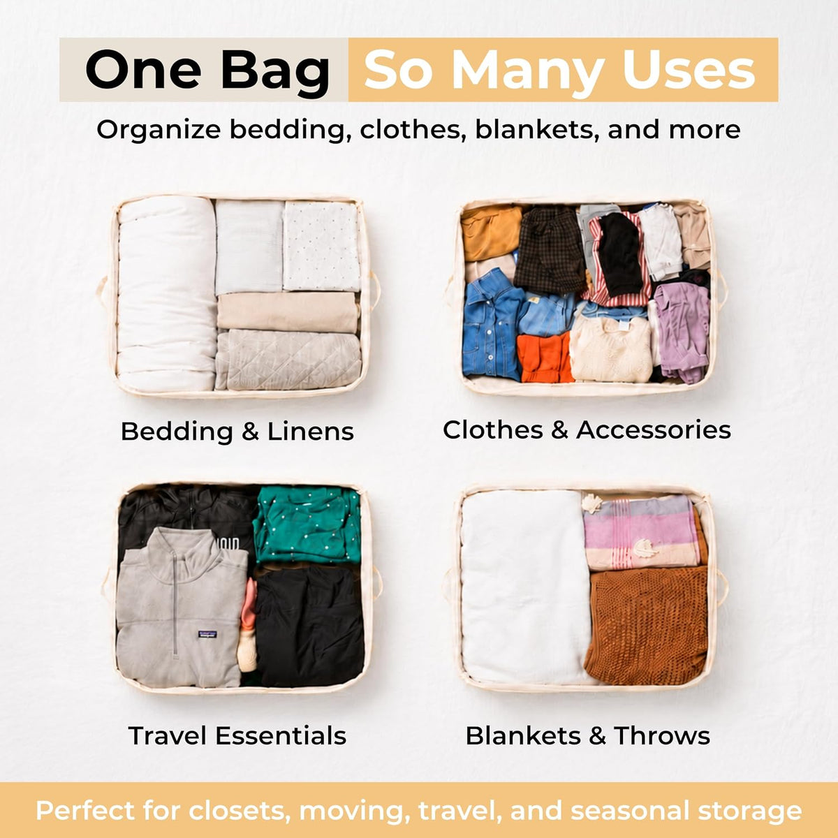 Soft Canvas Storage Bags with Zipper. Thick Breathable, 2pc King/Queen Comforter Organizer. Four Carrying Handles and Window. Large 25x19x9in Bag for Sheets Blankets Bedding Pillows, Clothes