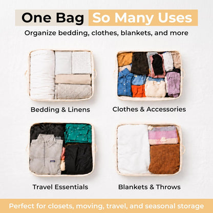 Soft Canvas Storage Bags with Zipper. Thick Breathable, 2pc King/Queen Comforter Organizer. Four Carrying Handles and Window. Large 25x19x9in Bag for Sheets Blankets Bedding Pillows, Clothes