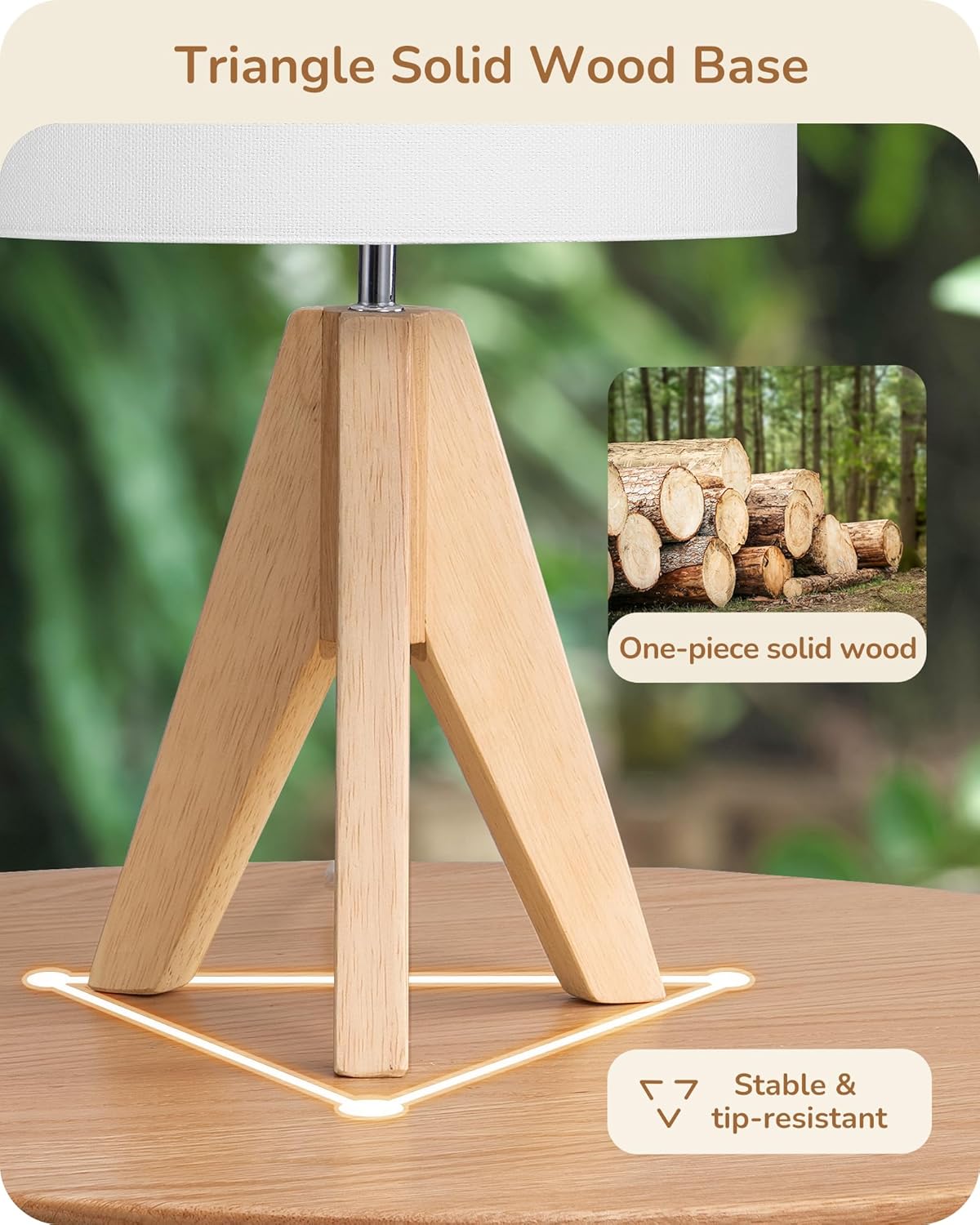 EDISHINE Tripod Table Lamp, Small Cute Bedside Lamp with Linen Beige Lampshade, Nightstand Lamp for Nursery, Bedroom, Kid Room, Living Room, Light Brown Wooden Base, E26 Socket, 14.2 Inch
